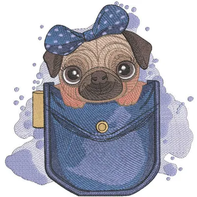 Pug in pocket embroidery design showcasing a cute dog motif perfect for stitching on t-shirts and tote bags.