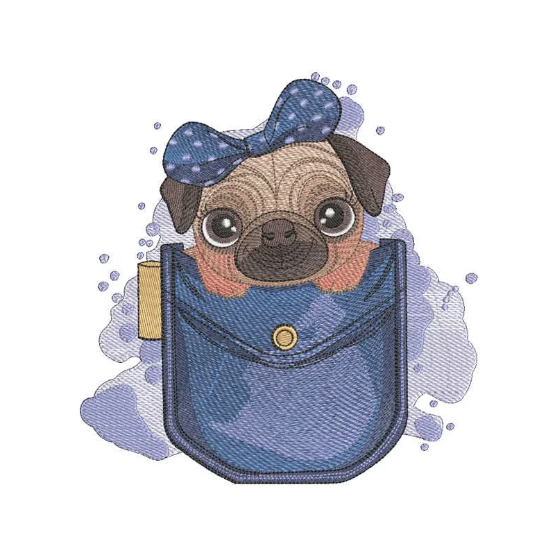 Pug in pocket embroidery design showcasing a cute dog motif perfect for stitching on t-shirts and tote bags.