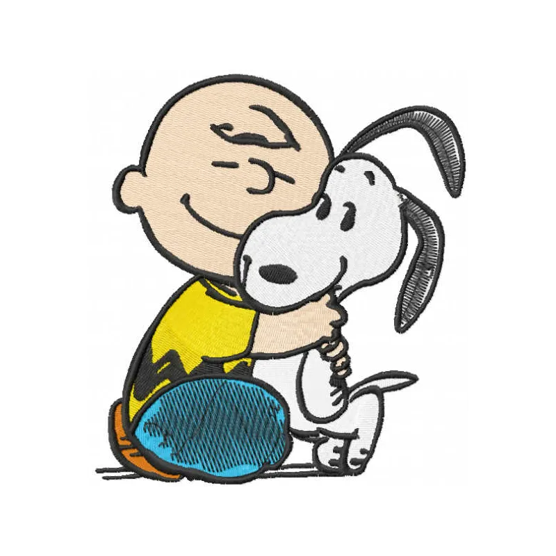 Charlie Brown and Snoopy embroidery design featuring a heartwarming scene, ideal for stitching on t-shirts or tote bags.