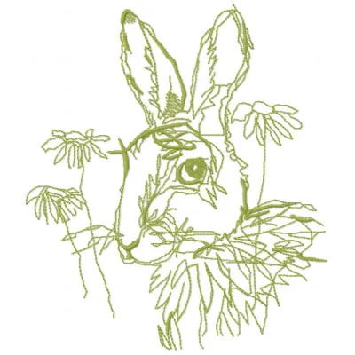 Bunny flower sketch embroidery design showcasing a whimsical rabbit surrounded by blooming flowers.