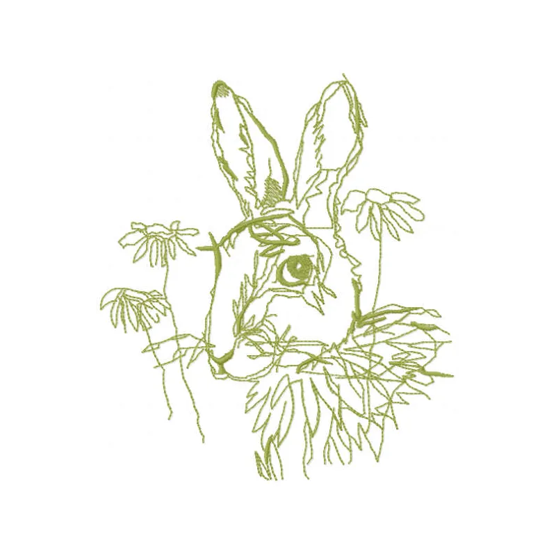 Bunny flower sketch embroidery design showcasing a whimsical rabbit surrounded by blooming flowers.