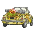 Spring trip embroidery design featuring a colorful car motif, perfect for decorating t-shirts and tote bags.