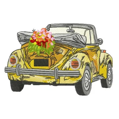 Spring trip embroidery design featuring a colorful car motif, perfect for decorating t-shirts and tote bags.