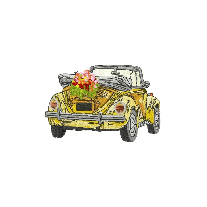 Spring trip embroidery design featuring a colorful car motif, perfect for decorating t-shirts and tote bags.