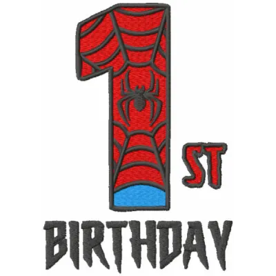 First Spiderman birthday embroidery design featuring a playful Spiderman motif for kids' birthday celebrations.