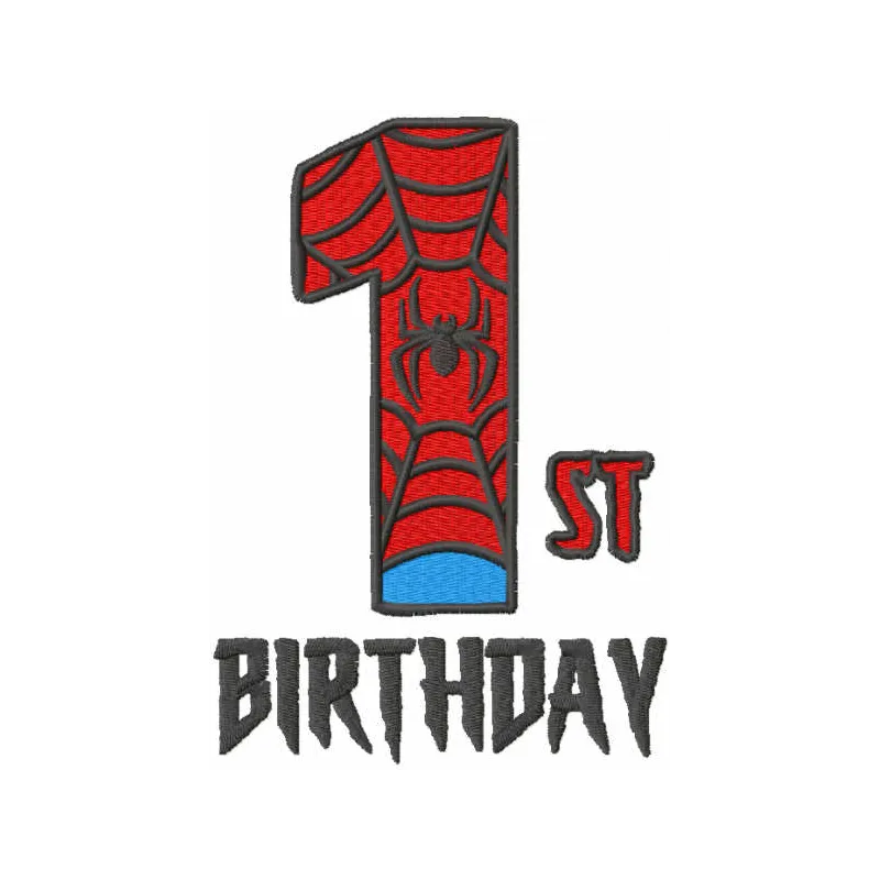 First Spiderman birthday embroidery design featuring a playful Spiderman motif for kids' birthday celebrations.