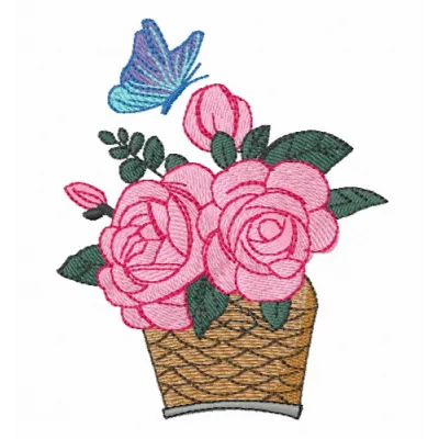Basket of roses embroidery design showcasing intricate floral patterns for creative stitching projects.