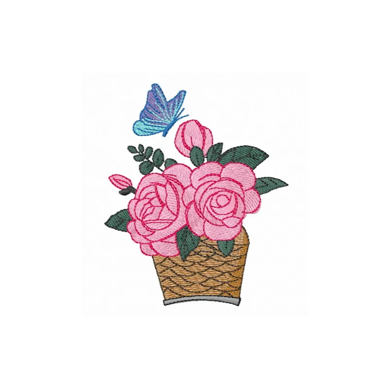 Basket of roses embroidery design showcasing intricate floral patterns for creative stitching projects.