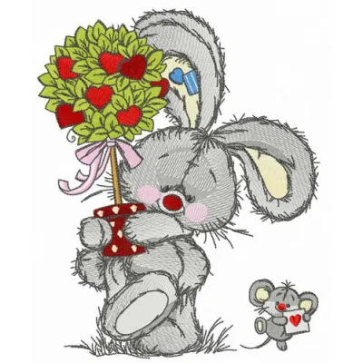 Bunny and mousekin Valentine's Day embroidery design showcasing cute stitched motifs perfect for festive projects.