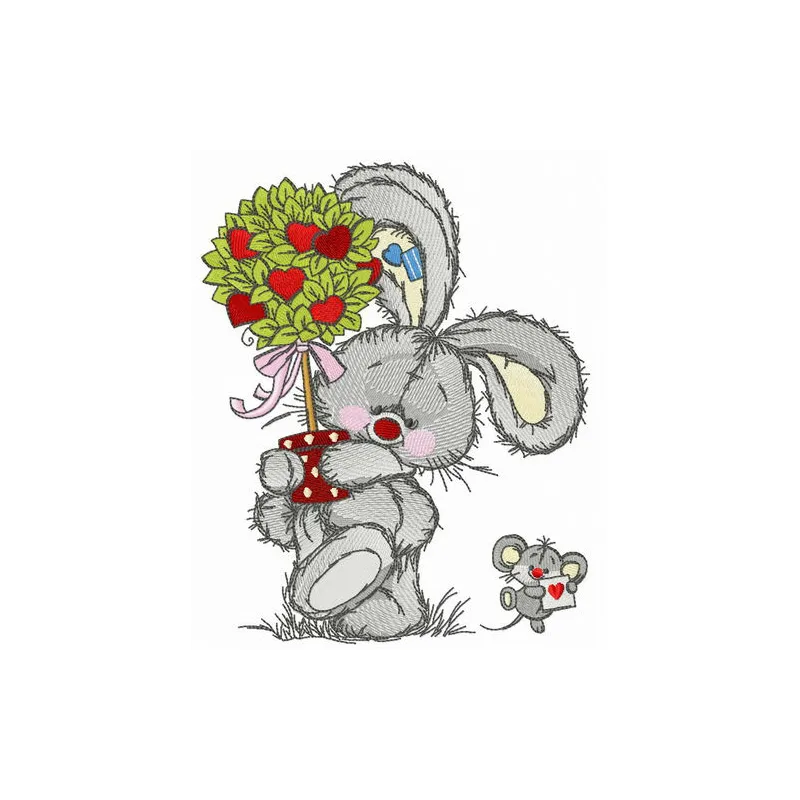 Bunny and mousekin Valentine's Day embroidery design showcasing cute stitched motifs perfect for festive projects.