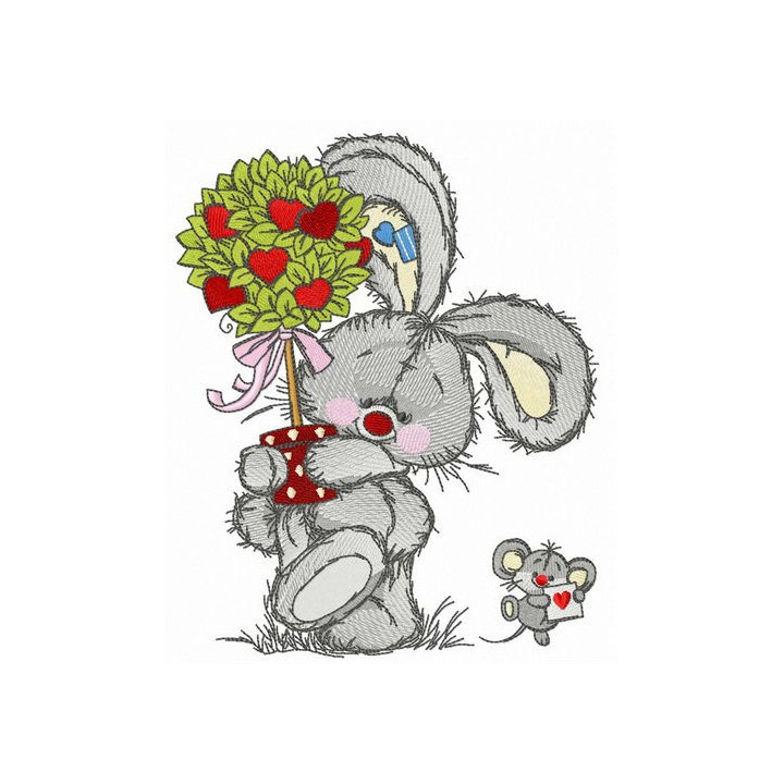 Bunny and mousekin Valentine's Day embroidery design - Embroidery Design
