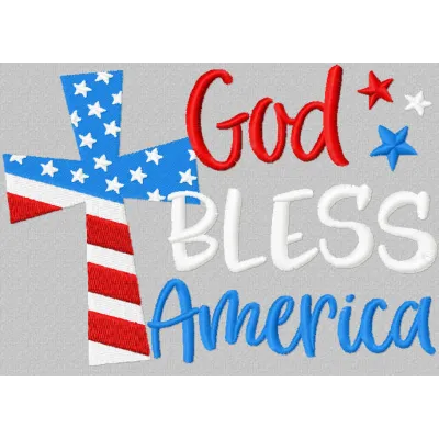 God Bless America embroidery design showcasing patriotic motifs, ideal for stitching on t-shirts and home décor.