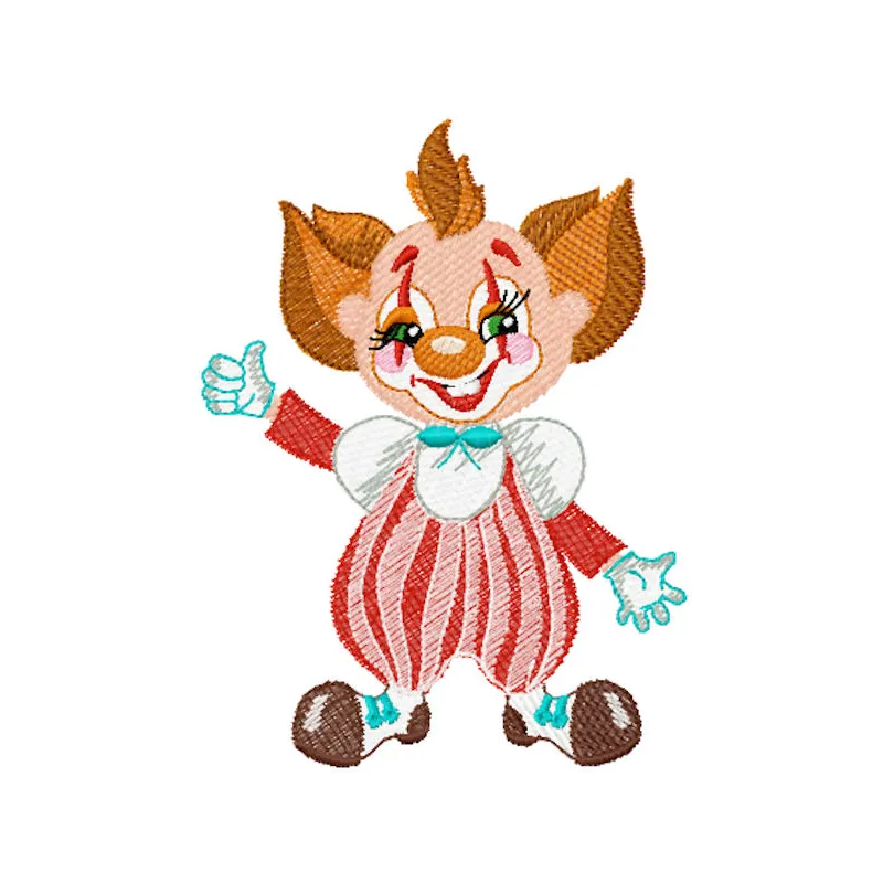 Funny clown embroidery design showcasing a vibrant and playful stitched motif for creative projects.