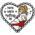 Preview of 'You're Worth Melting For' embroidery design featuring whimsical Frozen-themed elements.