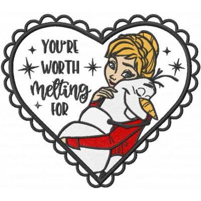 Preview of 'You're Worth Melting For' embroidery design featuring whimsical Frozen-themed elements.