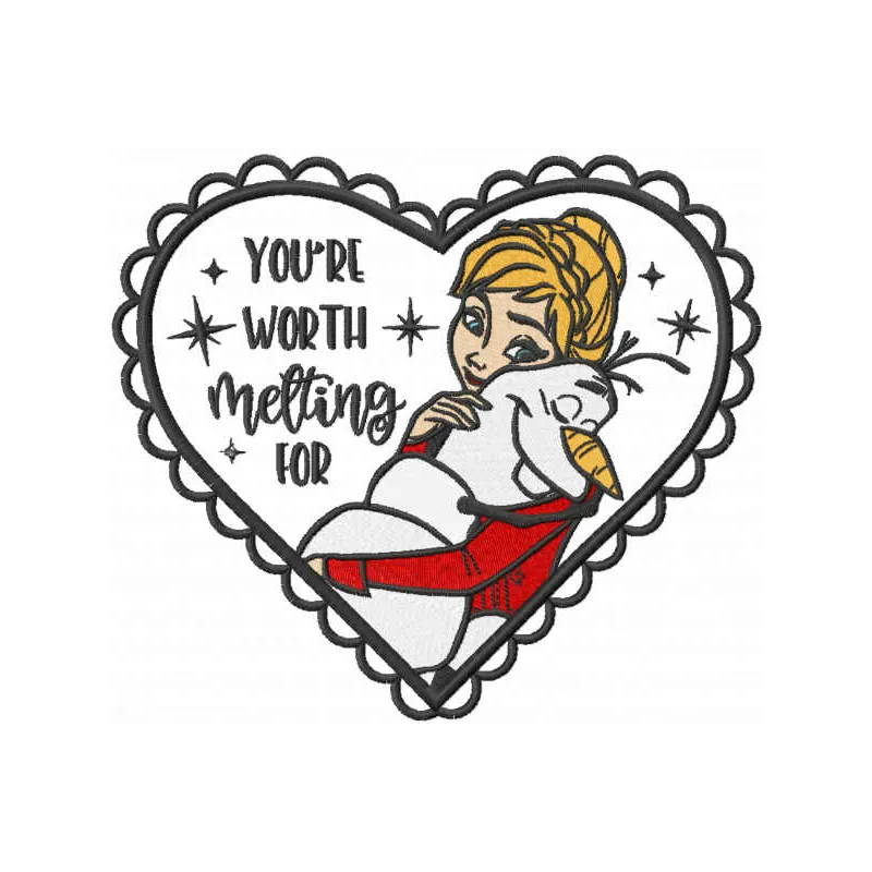 Preview of 'You're Worth Melting For' embroidery design featuring whimsical Frozen-themed elements.