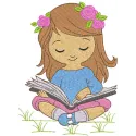 Embroidery design featuring a baby girl reading a book, perfect for stitching on baby onesies or pillows.