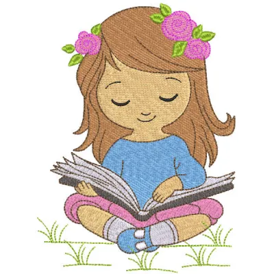 Embroidery design featuring a baby girl reading a book, perfect for stitching on baby onesies or pillows.