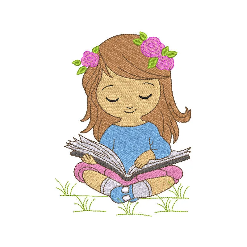 Embroidery design featuring a baby girl reading a book, perfect for stitching on baby onesies or pillows.