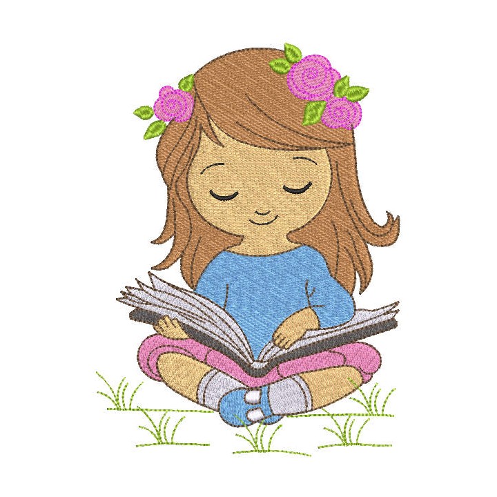 Baby girl with book embroidery design - Embroidery Design