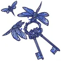 Preview of dragonflies with keys embroidery design showcasing intricate stitching patterns for creative projects.