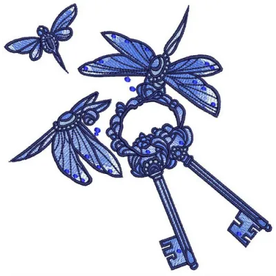 Preview of dragonflies with keys embroidery design showcasing intricate stitching patterns for creative projects.
