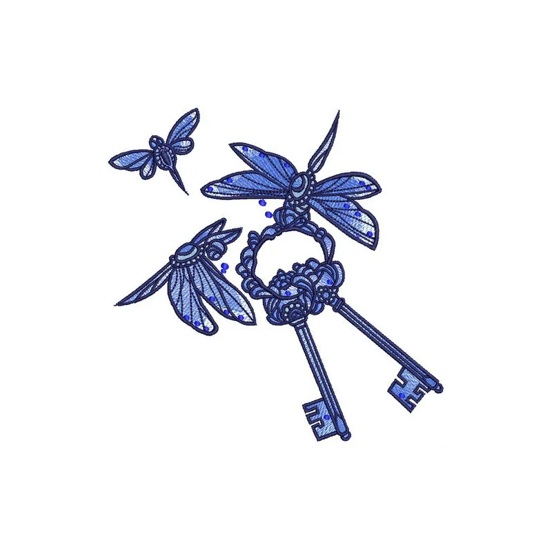 Preview of dragonflies with keys embroidery design showcasing intricate stitching patterns for creative projects.