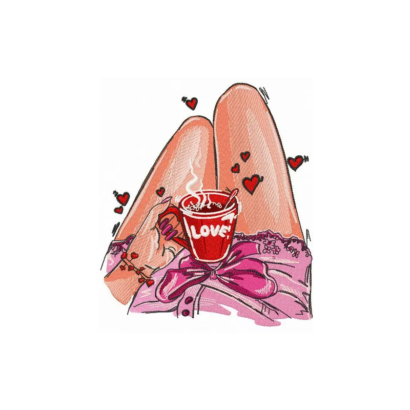 Love coffee cup embroidery design featuring a charming cup with heart motifs, ideal for stitching on tote bags or t-shirts.