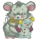 Embroidery design featuring a whimsical mouse with a snowmouse, ideal for holiday-themed stitching projects.