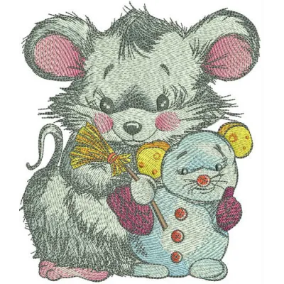 Embroidery design featuring a whimsical mouse with a snowmouse, ideal for holiday-themed stitching projects.