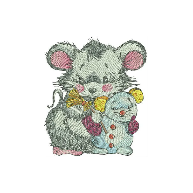 Embroidery design featuring a whimsical mouse with a snowmouse, ideal for holiday-themed stitching projects.