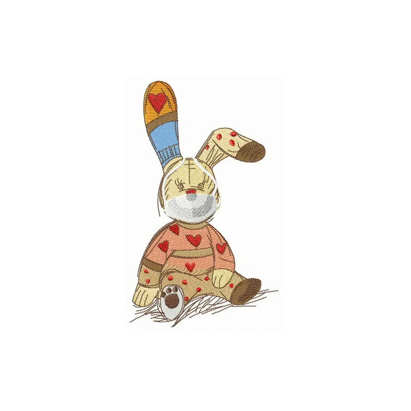 Embroidery design of a bunny toy wearing a face mask, perfect for stitching on baby onesies or blankets.