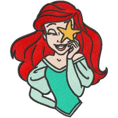 Mermaid with sea star embroidery design featuring vibrant colors and intricate details for fun stitching projects.