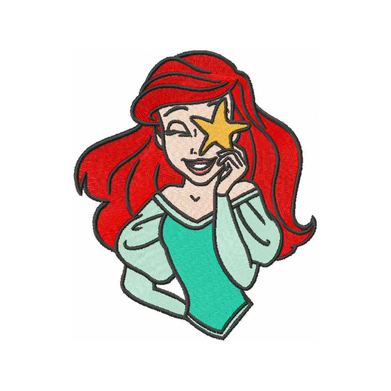 Mermaid with sea star embroidery design featuring vibrant colors and intricate details for fun stitching projects.