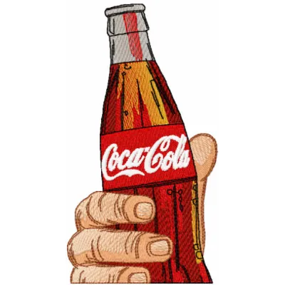 Embroidery design of a Coca Cola bottle held in hand, ideal for stitching on t-shirts or tote bags.