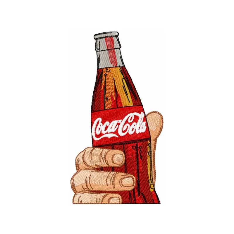 Embroidery design of a Coca Cola bottle held in hand, ideal for stitching on t-shirts or tote bags.