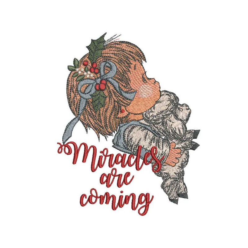 Preview of the 'Miracles are Coming' embroidery design, showcasing a festive pattern perfect for Christmas projects.