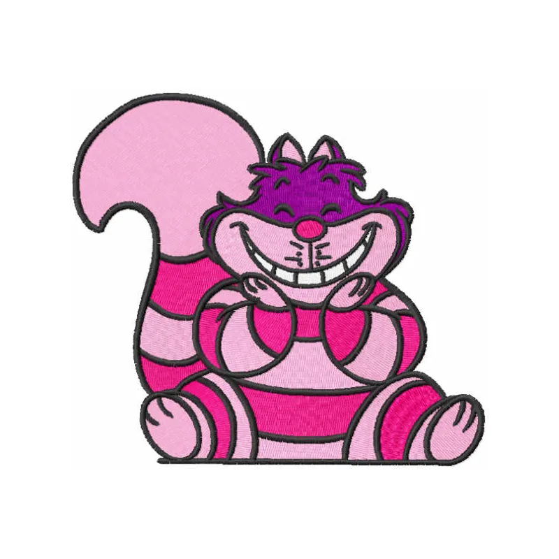 Charming Cheshire Cat embroidery design inspired by Alice in Wonderland, showcasing whimsical stitched motifs.