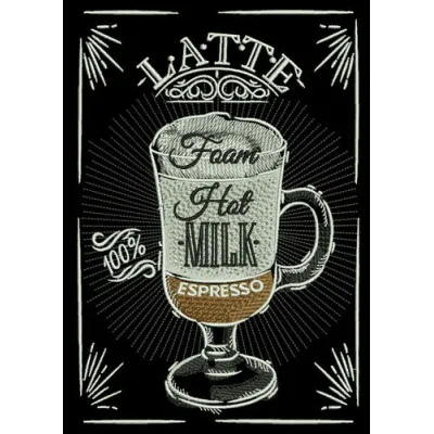 Embroidery design featuring a latte recipe, perfect for coffee lovers to stitch on aprons or kitchen towels.