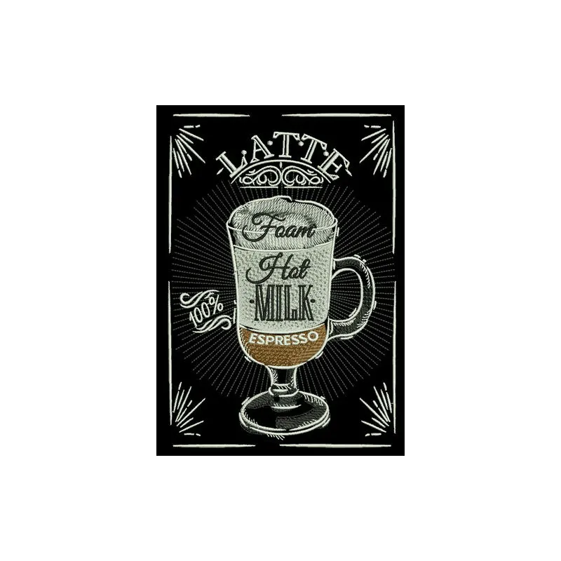 Embroidery design featuring a latte recipe, perfect for coffee lovers to stitch on aprons or kitchen towels.