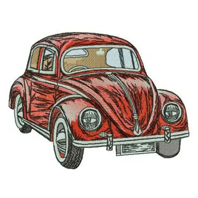 Red Volkswagen Bug embroidery design showcasing a classic car motif for creative stitching projects.