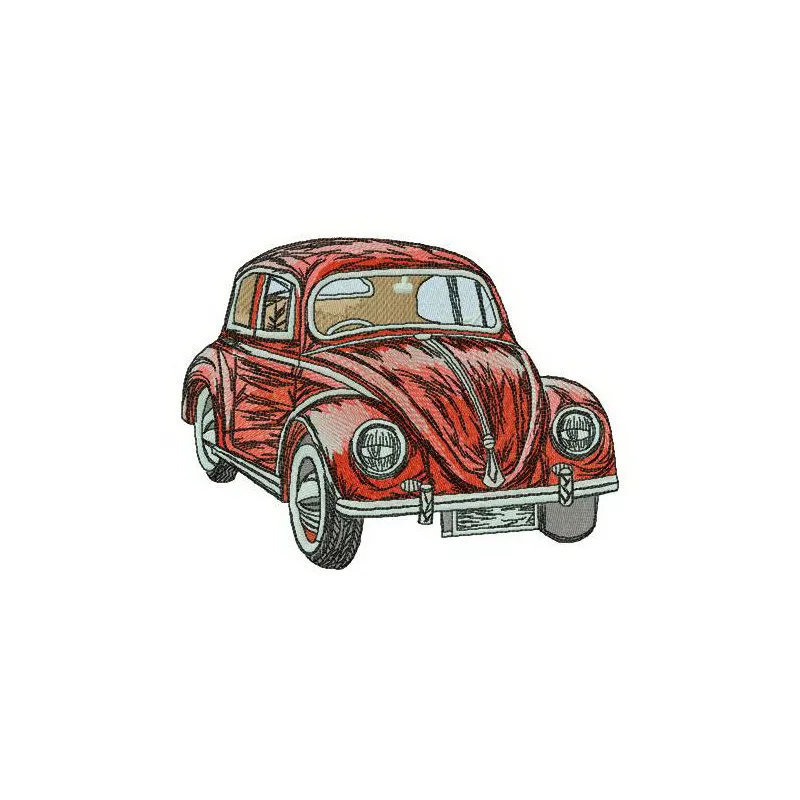 Red Volkswagen Bug embroidery design showcasing a classic car motif for creative stitching projects.