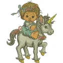 Embroidery design of a girl riding a unicorn, showcasing a whimsical and enchanting stitching pattern.