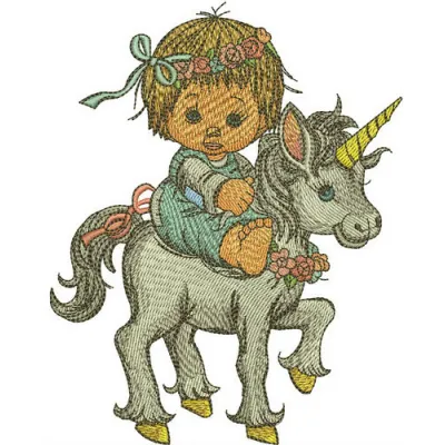 Embroidery design of a girl riding a unicorn, showcasing a whimsical and enchanting stitching pattern.