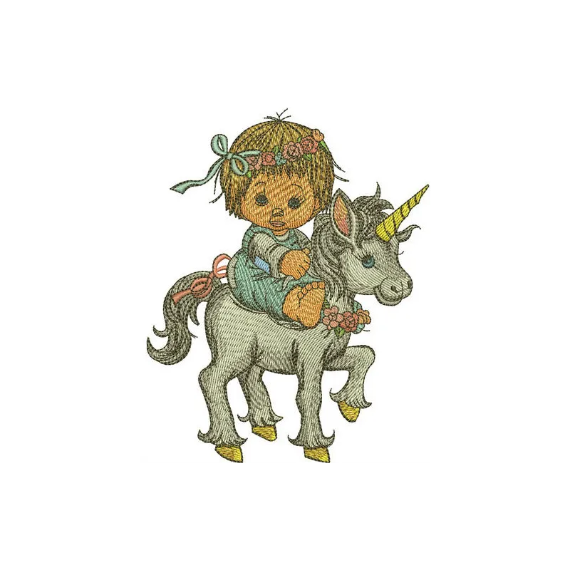Embroidery design of a girl riding a unicorn, showcasing a whimsical and enchanting stitching pattern.