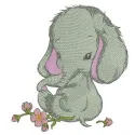 Shy elephant girl embroidery design preview, showcasing a whimsical stitched motif for creative projects.