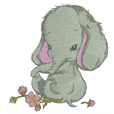 Shy elephant girl embroidery design preview, showcasing a whimsical stitched motif for creative projects.