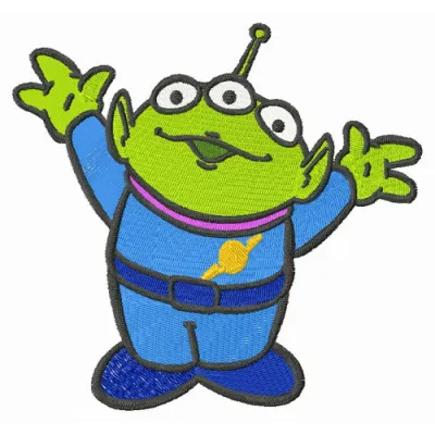 Happy Little Green Man embroidery design featuring a whimsical character from Toy Story, ideal for playful projects.