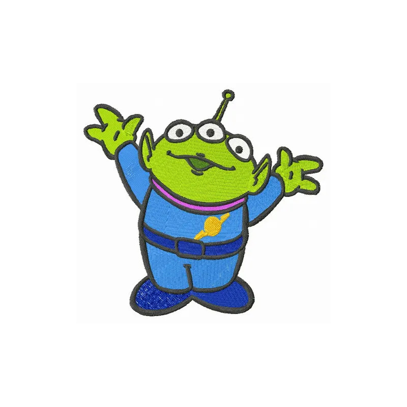 Happy Little Green Man embroidery design featuring a whimsical character from Toy Story, ideal for playful projects.