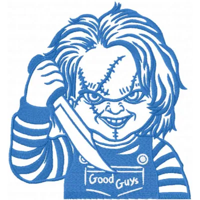 Chucky embroidery design featuring the iconic character from the horror movie, ready for stitching on various fabrics.
